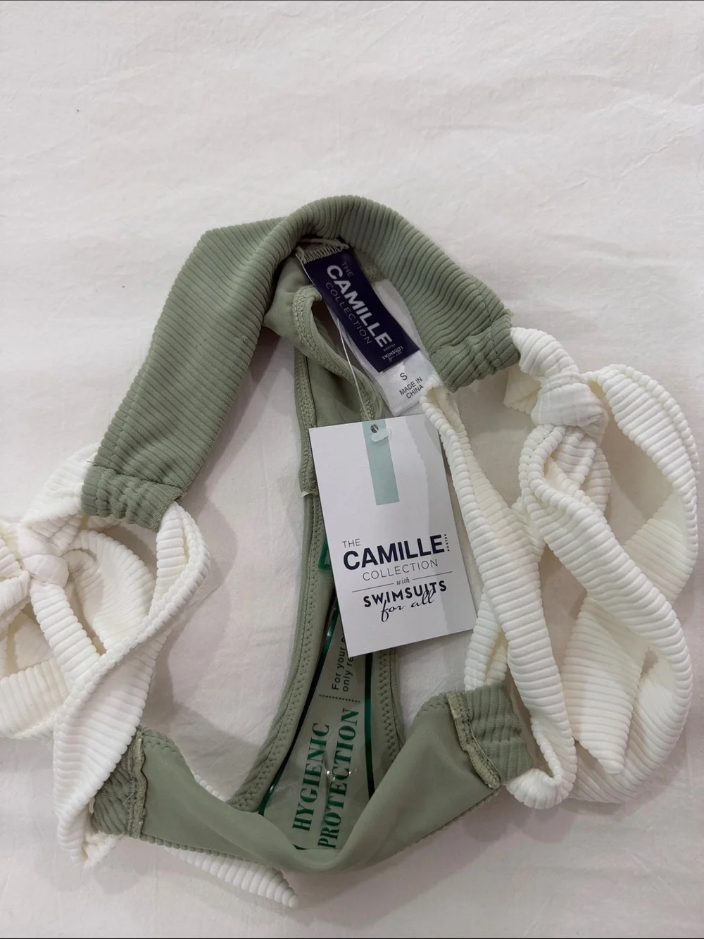 Two-Piece Ribbed Bikini — White Top & Sage Green Bottom